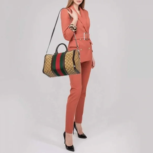 Authentic Gucci GG Canvas Leather Medium Vintage Web Boston Satchel Bag Brown/Be - Picture 3 of 16